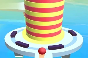 Torre cilíndrica con franjas amarillas y rojas rodeada de una plataforma circular sobre un fondo azul