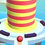 Torre cilíndrica con franjas amarillas y rojas rodeada de una plataforma circular sobre un fondo azul