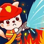 Un personaje animal vestido de bombero apaga un incendio con una manguera, hay llamas y agua en la imagen