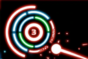 Círculos concéntricos iluminados en azul, verde y rojo con el número tres en su centro, sobre un fondo negro