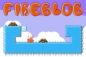 Un personaje naranja con forma de gota entre estructuras de hielo pixelado y el texto FIREBLOB en la parte superior sobre un fondo de cielo con nubes