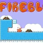 Un personaje naranja con forma de gota entre estructuras de hielo pixelado y el texto FIREBLOB en la parte superior sobre un fondo de cielo con nubes