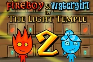 Personajes de fuego y agua con el número dos en un templo iluminado de fondo