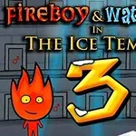 Ilustración de dos personajes animados, uno de fuego y otro de agua, frente a un fondo de templo de hielo con un número tres en el centro