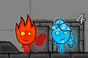 Un personaje de fuego y uno de agua están parados frente a dos puertas con símbolos de género bajo un fondo gris