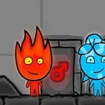 Un personaje de fuego y uno de agua están parados frente a dos puertas con símbolos de género bajo un fondo gris