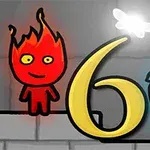 Personajes animados de fuego rojo y agua azul junto al número seis con una mariposa blanca encima