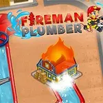 Bombero caricaturesco extingue fuego en una casa con una manguera y un sistema de tuberías