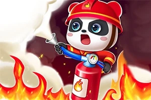 Panda vestido de bombero apagando fuego con un extintor