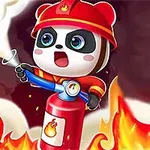 Panda vestido de bombero apagando fuego con un extintor