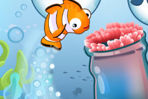 Pez payaso nadando cerca de un coral rosado en un entorno submarino animado con burbujas