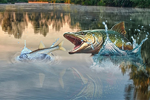 Un pez grande emerge del agua atacando a un pez más pequeño en un lago con reflejos de árboles