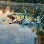 Un pez grande emerge del agua atacando a un pez más pequeño en un lago con reflejos de árboles