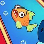 Un pez naranja con expresión sorprendida y aletas amarillas, rodeado de burbujas y un aro dorado en un fondo azul
