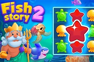 Rey marino con tridente y animales marinos coloridos junto a un tablero de juego con estrellas, tortugas y medusas