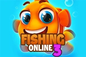 Pez naranja sonriente con ojos grandes sobre un fondo azul, con el texto FISHING ONLINE 3 en el centro