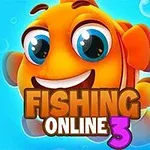 Pez naranja sonriente con ojos grandes sobre un fondo azul, con el texto FISHING ONLINE 3 en el centro