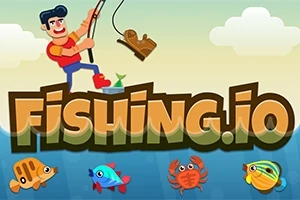 Un personaje animado está pescando mientras se observan peces coloridos y un cangrejo debajo del agua, con el texto Fishing