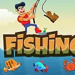Un personaje animado está pescando mientras se observan peces coloridos y un cangrejo debajo del agua, con el texto Fishing