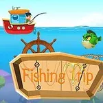 Un chico pescando desde un bote rojo sobre el mar con un pez verde cerca y un cartel de madera que dice Fishing Trip