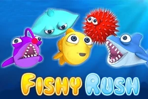 Cinco coloridos personajes marinos animados con expresiones juguetonas sobre un fondo azul, acompañados del texto Fishy Rush
