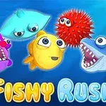 Cinco coloridos personajes marinos animados con expresiones juguetonas sobre un fondo azul, acompañados del texto Fishy Rush