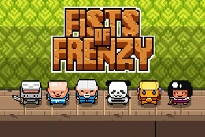 Seis personajes pixelados con vestimentas coloridas en una fila frente a un fondo verde con el texto Fists of Frenzy en la parte superior
