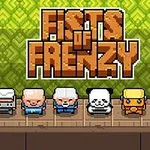 Seis personajes pixelados con vestimentas coloridas en una fila frente a un fondo verde con el texto Fists of Frenzy en la parte superior
