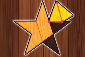 Forma de estrella compuesta por piezas de tangram de diferentes colores sobre un fondo de madera