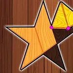 Forma de estrella compuesta por piezas de tangram de diferentes colores sobre un fondo de madera