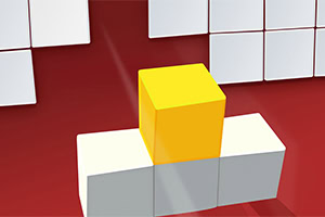 Cubo amarillo sobre una base de cubos blancos en un fondo rojo con más cubos blancos alrededor