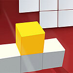 Cubo amarillo sobre una base de cubos blancos en un fondo rojo con más cubos blancos alrededor