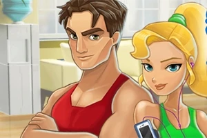 Hombre musculoso con camiseta roja y mujer rubia con coleta, auriculares y camiseta verde, sosteniendo un smartphone, en un ambiente interior luminoso