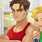 Hombre musculoso con camiseta roja y mujer rubia con coleta, auriculares y camiseta verde, sosteniendo un smartphone, en un ambiente interior luminoso