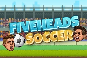 Dos caricaturas de cabezas de hombres con una pelota de fútbol en el centro, sobre un fondo de estadio con multitudes, y el texto Fiveheads Soccer