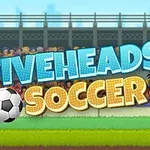 Dos caricaturas de cabezas de hombres con una pelota de fútbol en el centro, sobre un fondo de estadio con multitudes, y el texto Fiveheads Soccer