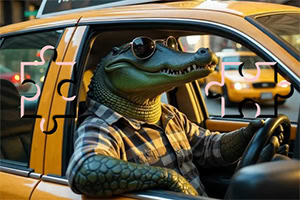 Cocodrilo con camisa a cuadros y gafas de sol conduciendo un taxi amarillo