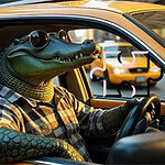 Cocodrilo con camisa a cuadros y gafas de sol conduciendo un taxi amarillo