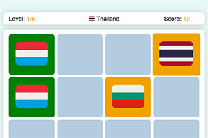 Cuadrícula con banderas de diferentes países y un encabezado que muestra Level: 1/6, “Thailand” y “Score: 19”