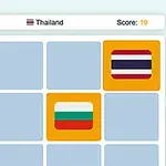 Cuadrícula con banderas de diferentes países y un encabezado que muestra Level: 1/6, “Thailand” y “Score: 19”