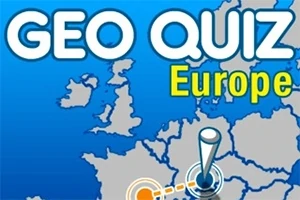 Mapa de Europa con marcadores y texto que dice Geo Quiz Europe