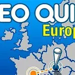 Mapa de Europa con marcadores y texto que dice Geo Quiz Europe