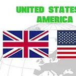Banderas de Reino Unido y Estados Unidos sobre un mapamundi con texto United States of America en verde