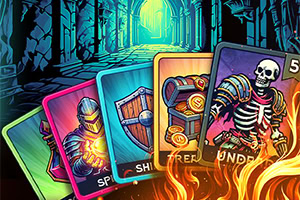 Cartas de juego con ilustraciones de un caballero, un escudo, un cofre del tesoro y un esqueleto, en un entorno de mazmorra iluminada y rodeado de llamas
