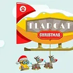 Un dirigible amarillo y rojo con el texto FLAPCAT CHRISTMAS y un personaje con gorro de Santa junto a dos renos volando