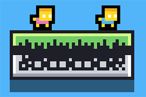 Dos personajes pixelados sobre una plataforma verde con un fondo azul