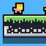 Dos personajes pixelados sobre una plataforma verde con un fondo azul