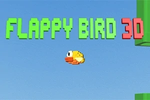 Un pájaro pixelado amarillo vuela en un cielo azul con texto en 3D verde y rojo en la parte superior