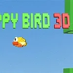 Un pájaro pixelado amarillo vuela en un cielo azul con texto en 3D verde y rojo en la parte superior