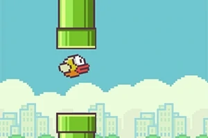 Un pájaro pixelado volando entre dos tubos verdes con un fondo de ciudad y cielo azul